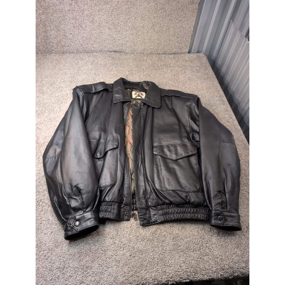 Phase 2 Vintage Black Leather Bomber Jacket XL Aviator Military Quilted Lining
